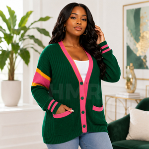 Fabricant OEM ODM HMR, cardigan d'automne pour femmes, tricoté, style universitaire, uni, vert et rose, boutonné - Product Image 3