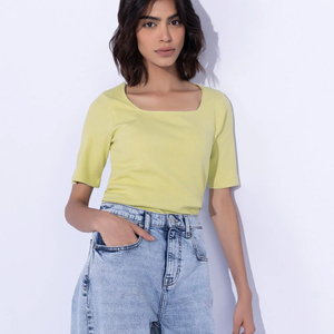 Camiseta Casual de Manga Corta para Mujer, Color Sólido, 100% Algodón Jersey, Corte Holgado, Transpirable, Cuello en V, Hombros Caídos, para Verano - Product Image 1