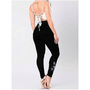 <b>Women</b> Fashion High Waist <b>Black</b> Skinny Jeans Blue Floral Embroidery Stretch Denim Pants Casual Slim Fit <b>Trousers</b> - Product Image 5