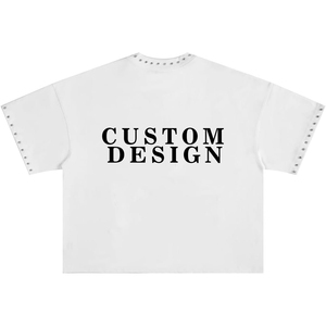 Camiseta de algodón blanca extragrande para hombre con diseño de logotipo personalizado, estampada y con pedrería en el cuello y las mangas. - Product Image 5