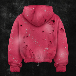 Custom Pink Hooded Zip-Up Sweatshirt With Rhinestone <b>Stars</b> And Ripped Details Y2K Style Crop Fit Unisex Autumn Wear - Product Image 2