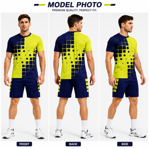 Ensemble maillot et short de football géométrique bleu et jaune pour homme, sublimé, en polyester anti-humidité, coupe athlétique - Product Image 4