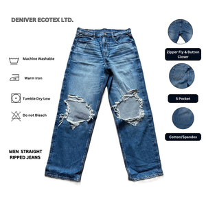 Pantalon large de haute qualité pantalon Denim bleu délavé coton déchiré jambe droite taille Jean travail/décontracté/baggy prix pas cher pantalons pour garçons - Product Image 2