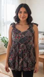 Robe Courte en Coton Col V Sans Manches Coupe Ample Motif Floral pour Femme Tenue Formelle d'Été avec Broderie et Ourlet Cache-cœur - Product Image 4