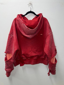 <b>Red</b> Oversized Hooded Crop <b>Sweatshirt</b> With Cut Out Design And Ripped Details Unisex Autumn Style - Product Image 5