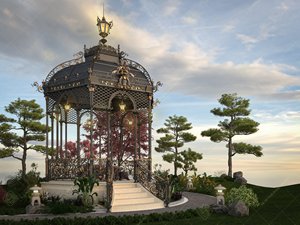 Classic Round Garden Pavilion With Stained Glass Dome Cast Iron <b>Frame</b> White Weather Resistant Outdoor Structure - Product Image 4