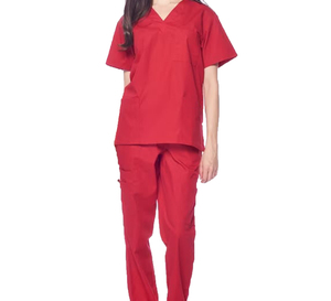 Ensemble de blouses et pantalons médicaux rouges pour femmes, col en V, manches courtes, en tissu tissé Spandex, détection d'aiguilles, uniformes d'hôpital, tenue de travail médicale décontractée - Product Image 1
