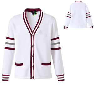 เสื้อคาร์ดิแกนวาร์ซิตี้สีขาว สำหรับชมรมมหาวิทยาลัยและชมรมพี่น้อง  เสื้อสเวตเตอร์วาร์ซิตี้แบบกำหนดเองพร้อมแขนเสื้อลายทาง จำหน่ายจำนวนมาก - Product Image 1