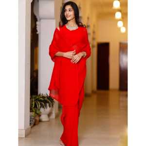 Vestido de lujo rojo cómodo tipo sarí de crepé arrugado, satén y lino de 220g, corte imperio con cintura natural, cuello barco, talla XS - Product Image 3