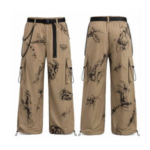 Pantalones Cargo Anchos de Hombre Color Caqui con Estampado de Esqueleto y Cinturón de Cadena, Estilo Gótico Punk Urbano, de la Mejor Calidad - Product Image 3