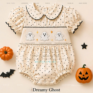 Combinaison Bébé Brodée à la Main Fantôme d'Halloween à Pois, Style Bulle, Vêtements d'Automne Personnalisés pour Nourrissons - Vente en Gros - Product Image 1