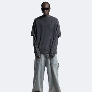 Sudaderas Personalizadas de Algodón 300gsm para Hombre, Estilo Urbano, Vintage, Lavado Ácido, Oversize, Desgastadas, Manga Larga Doble, Diseño Liso - Product Image 4