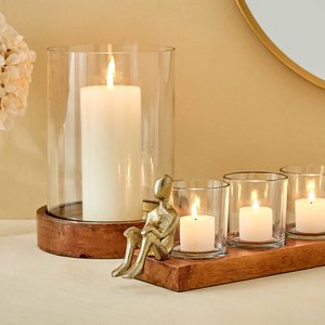 Modern Decorative Triple Glass Candle <b>Holder</b> with Wooden Base and Golden Figurine Accents Tabletop <b>Tealight</b> Stand for Home Decor - Product Image 4