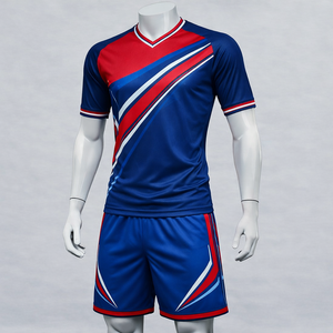 Uniforme de rugby sublimado con cuello en V azul y rojo para hombre, conjunto de manga corta, transpirable, ajuste atlético, para adultos, para todas las estaciones - Product Image 1