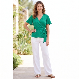 Blazer vert col en V pour femme, veste enveloppante à manches longues, broderie boutonnée, taille nouée, coupe ajustée, vêtement de bureau - Product Image 5