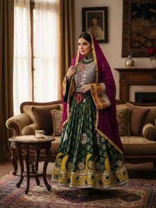 Robes afghanes pour femmes à prix de gros, longues, col en V, manches longues, style bohème, coupe trapèze, broderies riches, pour fêtes et mariages - Product Image 4