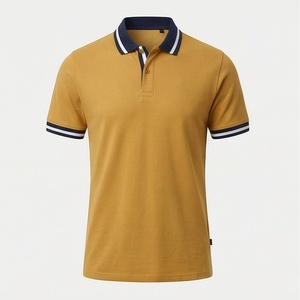 Polo à manches courtes pour homme, jaune moutarde, coton piqué, anti-rides, coupe classique, tricot uni, design décontracté - Product Image 1
