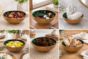 Bol en bois fait main avec motif géométrique bleu et blanc, style bohème, pour servir les aliments - Product Image 6