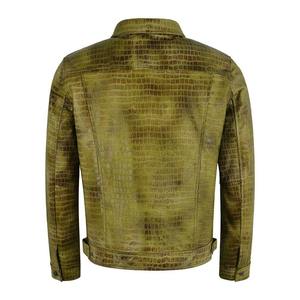 Men's Green Embossed Crocodile PU Leather <b>Jacket</b> Turn-down Collar Button Closure Casual Autumn Wear Regular Sleeve - Product Image 3