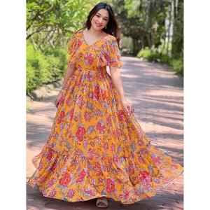 Vestido Largo Maxi Estampado Floral Amarillo para Mujer, Cuello en V, Manga Corta, Corte Evase - Product Image 1