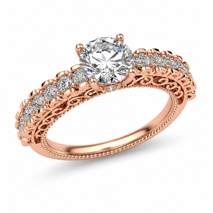 Bague de fiançailles vintage style filigrane, or, diamant solitaire de laboratoire certifié IGI, sertissage couronne, pierres latérales pavées - Product Image 1