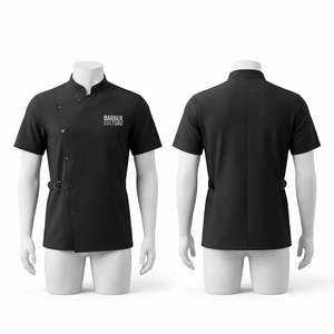 เสื้อแจ็คเก็ตช่างตัดผมแบบยูนิเซ็กซ์ ผ้าโพลีเอสเตอร์พรีเมียม 180 GSM สีดำ แขนสั้น ระบายอากาศได้ดี ชุดยูนิฟอร์มร้านเสริมสวย ปักโลโก้ตามสั่ง ชุดทำงาน - Product Image 6