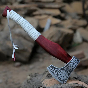 Hacha de Estilo Vikingo con Mango de Madera Roja y Envoltura de Cuero Blanco, Hoja de Acero Inoxidable, Herramienta Resistente para Bushcraft al Aire Libre - Product Image 1