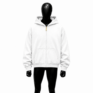 Sweat à capuche zippé blanc délavé, style vintage, coupe oversize streetwear, fermeture éclair intégrale, coupe décontractée, unisexe, coton épais - Product Image 1