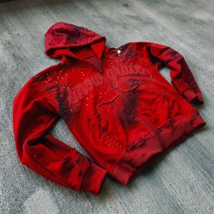 Snow Grace <b>Red</b> Hooded Zipper <b>Sweatshirt</b> Embroidered Letter Design Regular Fit Unisex Fleece Casual Winter Wear - Product Image 6