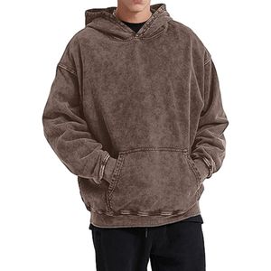 Sweat à capuche vintage marron foncé délavé à l'acide pour homme, coupe ample streetwear, épaules tombantes, effet vieilli, tissu épais - Product Image 2