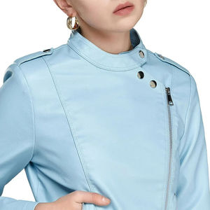 <b>Light</b> Blue PU Leather Moto <b>Jacket</b> Women Stand Collar Full Sleeve Zipper Closure Solid Color Autumn Style - Product Image 5