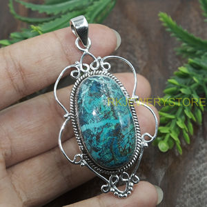 Pendentif en azurite chrysocolle naturelle, argent sterling 925, fait main, filigrane vintage, ovale, bijou cadeau pour femme - Product Image 5