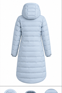 Custom Women's Ice Blue <b>Snow</b> Puffer Coat Hooded Quilted Breathable Long Winter Jacket Lightweight Insulated Silk Woven Cold - Product Image 2