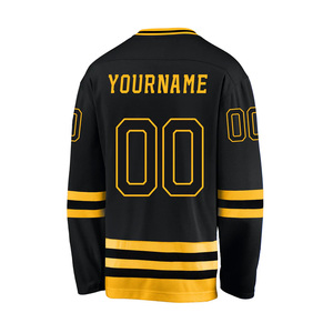 Maillot de hockey sur glace noir et jaune pour hommes, col en V, manches longues, logo des équipes brodé, en maille polyester respirante, vente en gros - Product Image 2