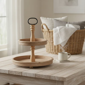 Plateau de service rustique en bois à 2 niveaux avec poignée métallique, support à cupcakes à étages style ferme pour comptoir de cuisine, bar à café et événements saisonniers - Product Image 2