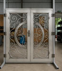 Puerta de Seguridad de Acero y Hierro Forjado Personalizada para Entrada de Casa con Diseño Decorativo de Vidrio Templado y Marco Resistente - Product Image 3