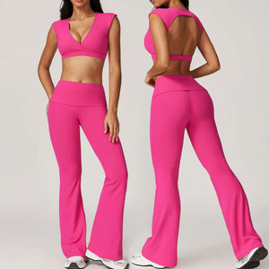 Ensemble de yoga 6 pièces pour femme, col en V profond, dos nageur, taille haute, pantalon évasé long, rose uni, Spandex/Nylon, séchage rapide, sans couture - Product Image 1