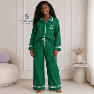 Iota Phi Lambda Women's Striped Pajama Set Button Front Long Sleeve Sleepwear Contrast Trim Lounge <b>PJs</b> With Drawstring Pants - Product Image 6