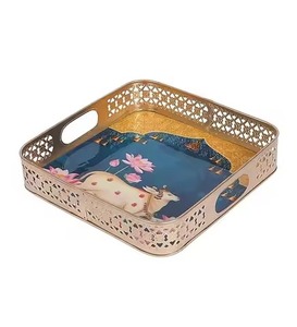 Plateau en métal Pichwai, écologique, fait main, durable, design antique, ethnique, récipient de rangement décoratif pour la maison, Diwali - Product Image 5