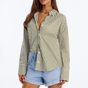 Custom Logo Plus Size Women's Striped Turn-down Collar <b>Long</b> Sleeve Shirt Casual Summer <b>Top</b> Regular Fit Poplin Fabric Women Shirt - Product Image 1