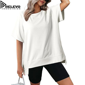 High Quality Unisex Athletic Oversized Short Sleeve Workout <b>Top</b>, White Loose Fit Crewneck <b>Raglan</b> T-Shirt with Side Split Hem - Product Image 1