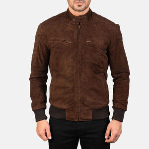 <b>Men's</b> <b>Suede</b> Bomber <b>Jacket</b> Stand Collar Zipper Closure Moto Style Slim Fit Winter Wear Canvas Front Logo Waterproof High Quality - Product Image 3