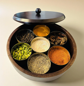<b>Wood</b> Masala Spice <b>Box</b> 9 Compartments With Carved Lid 5 Compartments Handcrafted Herbal Storage Container - Product Image 6