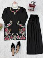Robe musulmane modeste noire brodée à très forte attractivité, ensemble Salwar Kameez à manches longues, tenue traditionnelle florale avec hijab pour femme