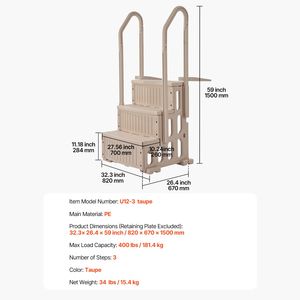 Scala per Piscina a 3 Gradini Antiscivolo, Robusta, con Doppi Corrimano, Capacità Massima 400 Libbre, Dimensioni 36-48 Pollici - Product Image 6