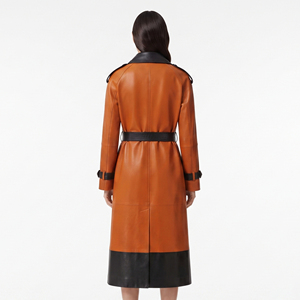 Manteau long en cuir véritable pour femme avec boutons, ceinture à la taille en cuir PU, col rabattu, pour filles - Product Image 2