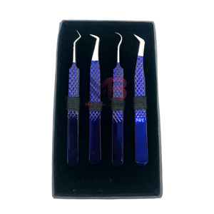 Ensemble de pinces à cils en acier inoxydable bleu, outils de précision pour extensions de cils avec pointes lisses, dans une boîte, extensions de cils personnalisées - Product Image 1