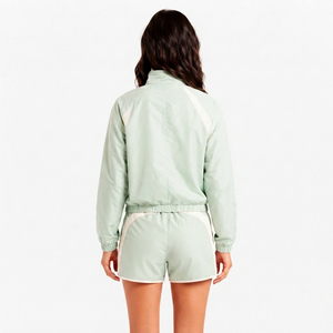 ชุดเซ็ตเสื้อผ้าสตรีสีขาวมิ้นท์แบบสปอร์ตสตรีทแวร์ 2 ชิ้น กางเกงขาสั้น แขนยาว คอตั้ง ระบายอากาศได้ดี เป็นมิตรกับสิ่งแวดล้อม เนื้อผ้าเมมโมรี่ - Product Image 5