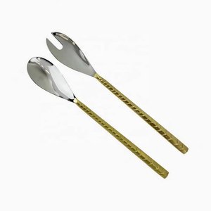 Embossed Design Golden Brass Handle Stainless Steel Salad <b>Server</b> for Home and Hotels Tabletop Silver Salad <b>Server</b> Sets - Product Image 1