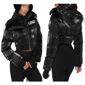 OEM Wholesale Winter Custom Waterproof Breathable Knitted Canvas <b>Cropped</b> Hooded Regular <b>Puffer</b> <b>Jacket</b> Women Outdoor Casual - Product Image 3